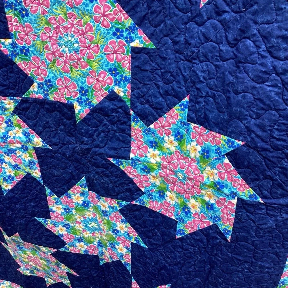 Handmade Floral Star Quilt by - Navy and Multi